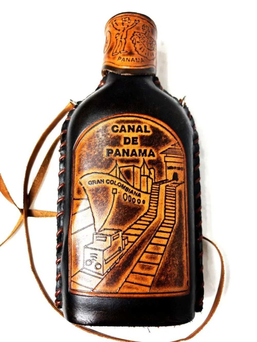 VTG Panama Leather Wrapped Glass Bottle Hand Tooled Souvenir Flask Decor